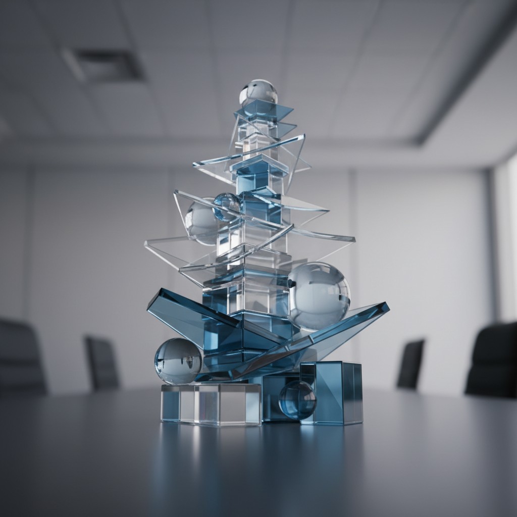artistic rendering of a transparent blue Christmas tree situated in an office setting.