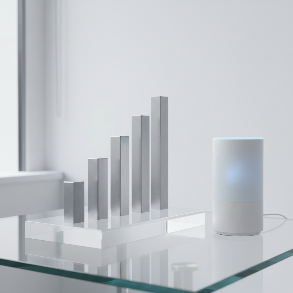 A white cylindrical device sits on a glass table, with a reflection of it on the surface. The device's light is shining bl...